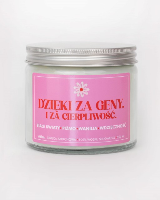 Dzięki za geny. I za cierpliwość. - świeca sojowa dla mamy (250 ml) 